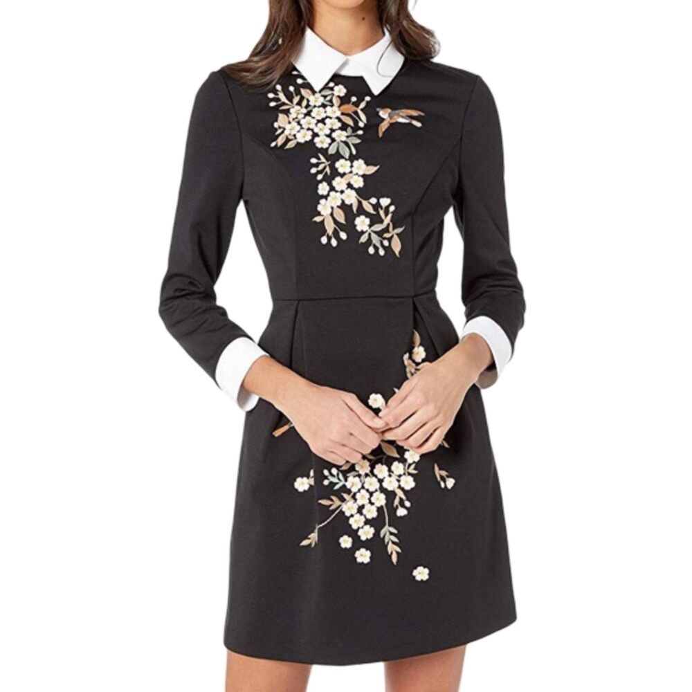 Ted Baker Ellan Graceful Embroidered Collar Dress Black Floral Long Sleeve US 10